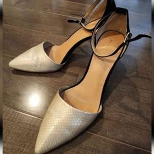 Dorsey Mid Heel Pump mix material of white snake with holograph and black suede